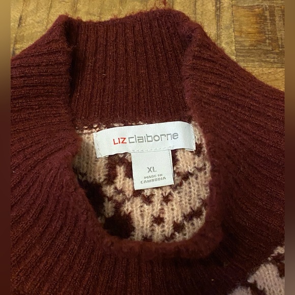 Vintage Liz Claiborne Oversized Flower Floral Mock Neck Sweater Maroon Pink XL - Picture 9 of 10